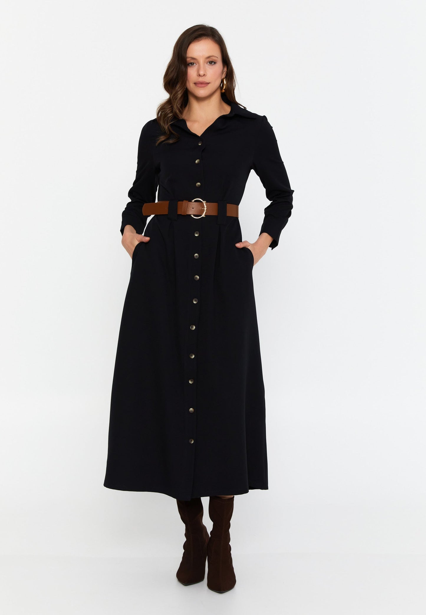 Midi-Length Column Dress with Long Sleeves