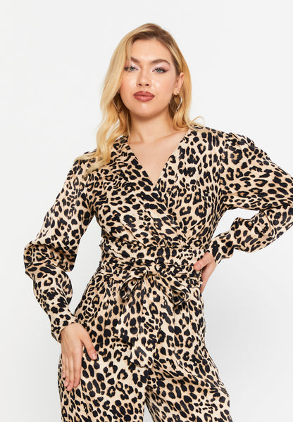 Long Sleeve Leopard Print Casual Jumpsuit