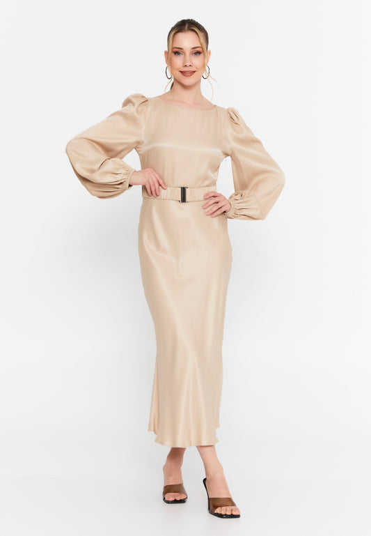 Long-Sleeve Satin Midi Dress