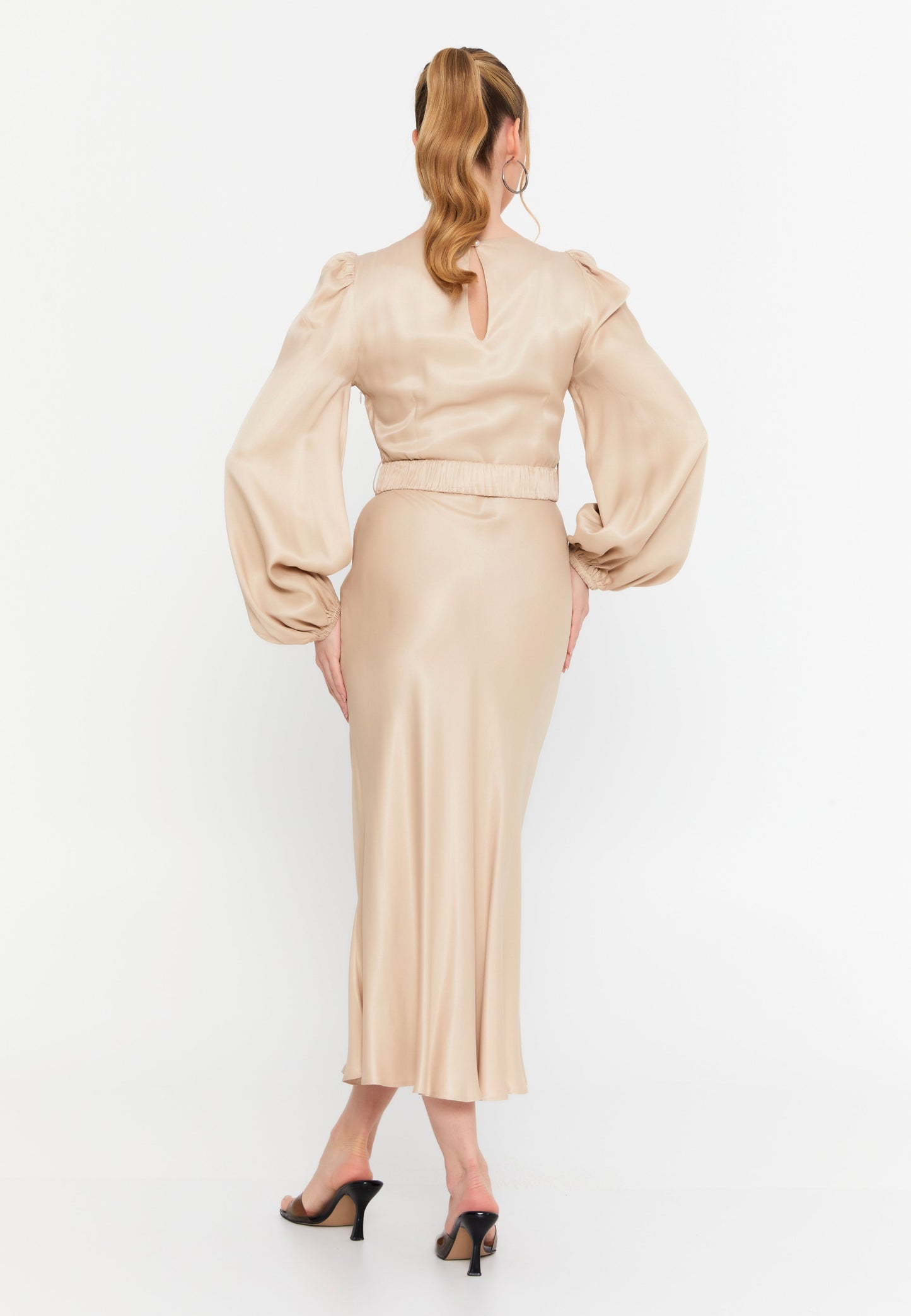 Long-Sleeve Satin Midi Dress