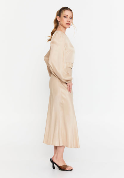 Long-Sleeve Satin Midi Dress