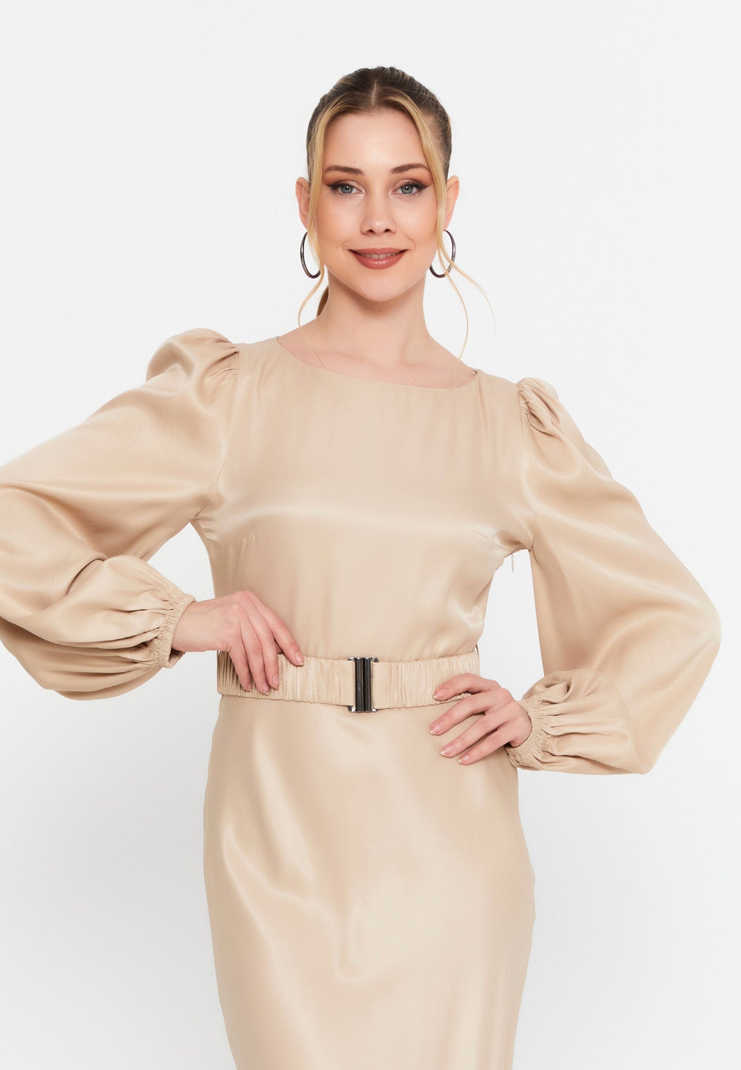 Long-Sleeve Satin Midi Dress