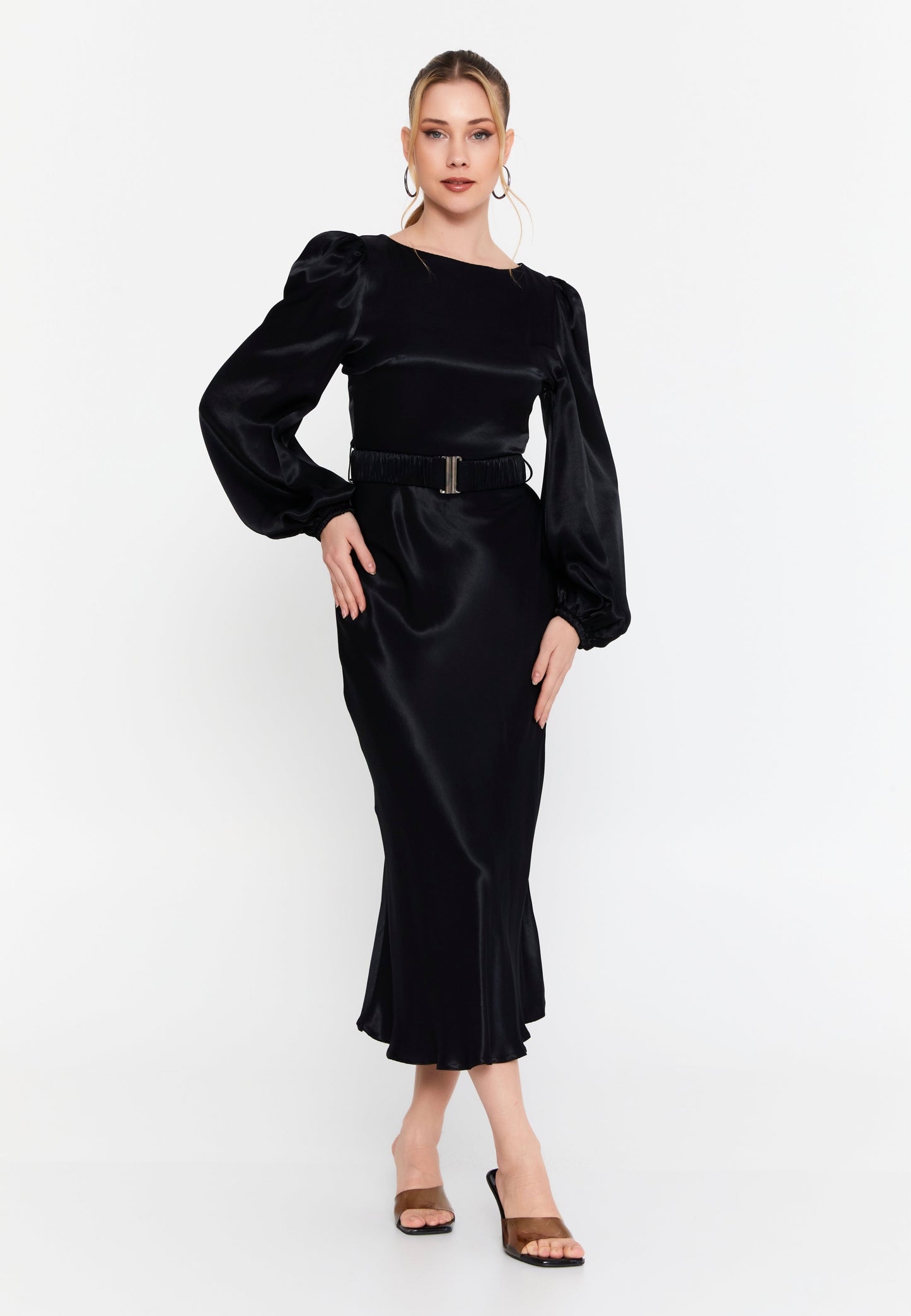 Long-Sleeve Satin Midi Dress