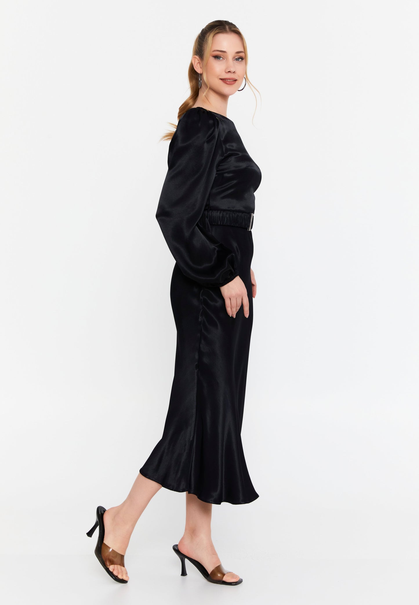 Long-Sleeve Satin Midi Dress