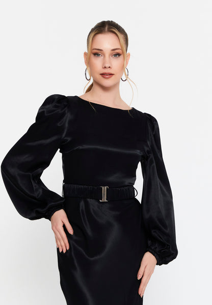 Long-Sleeve Satin Midi Dress