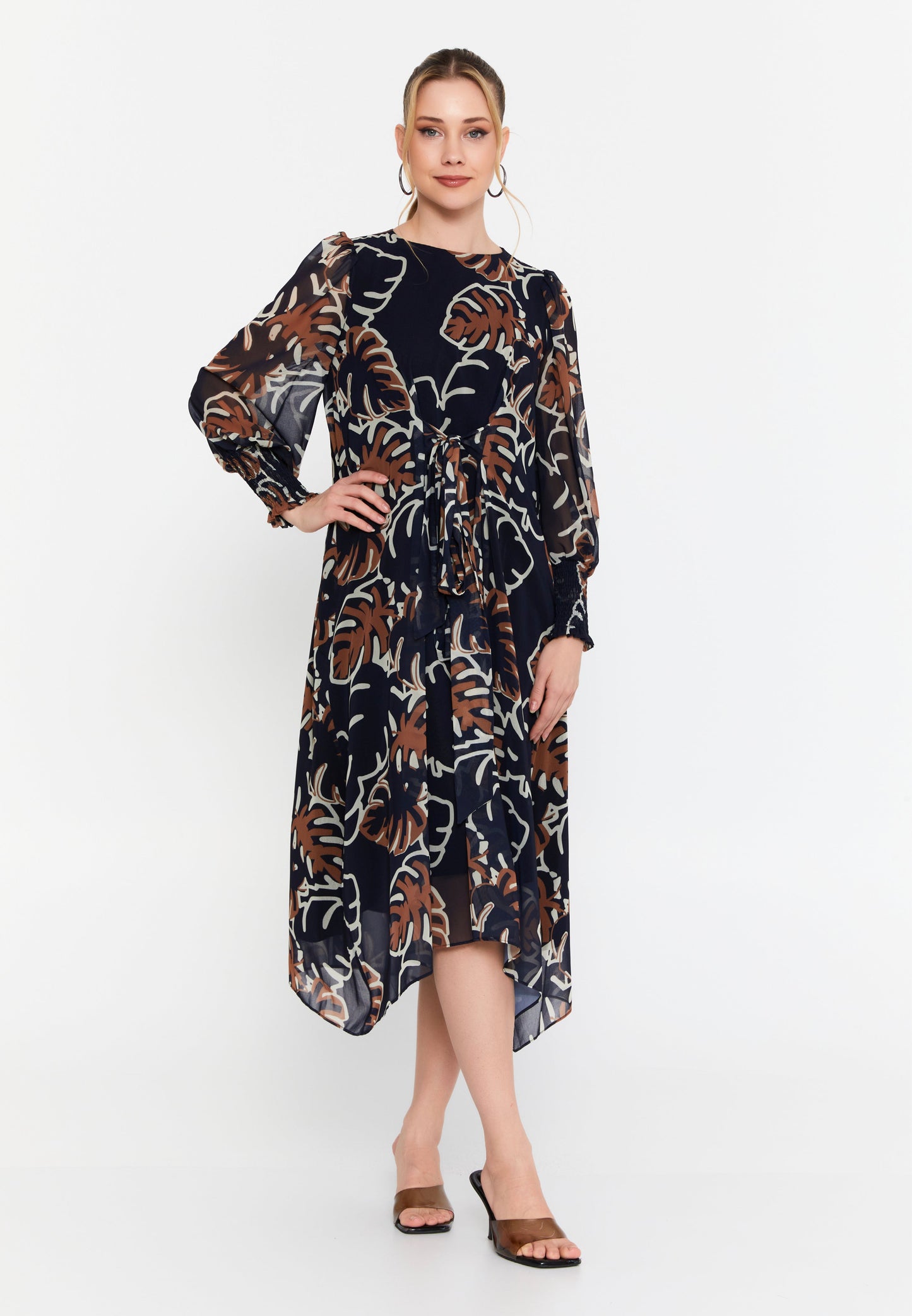 Elegant Long-Sleeve Chiffon Midi Dress