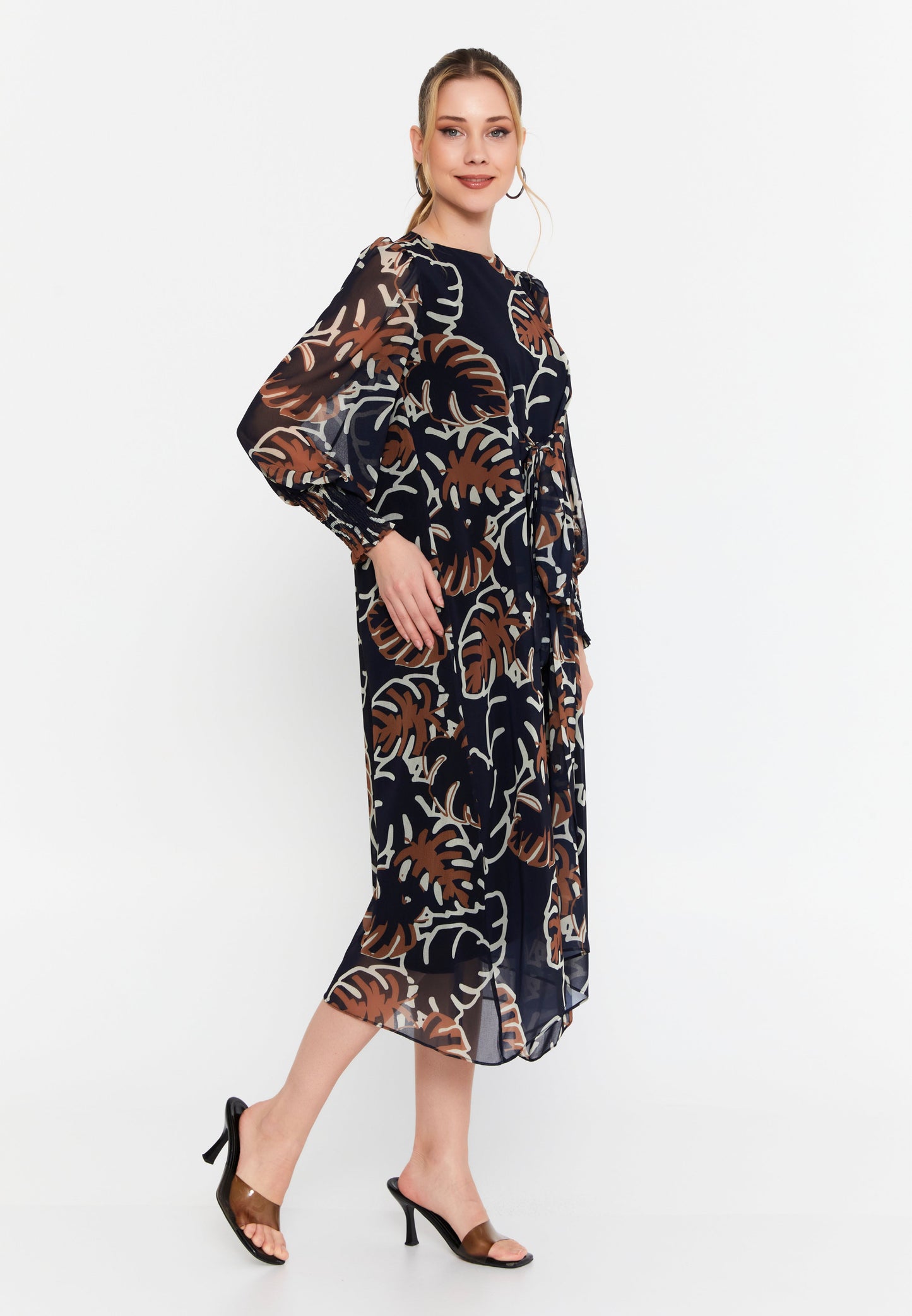 Elegant Long-Sleeve Chiffon Midi Dress