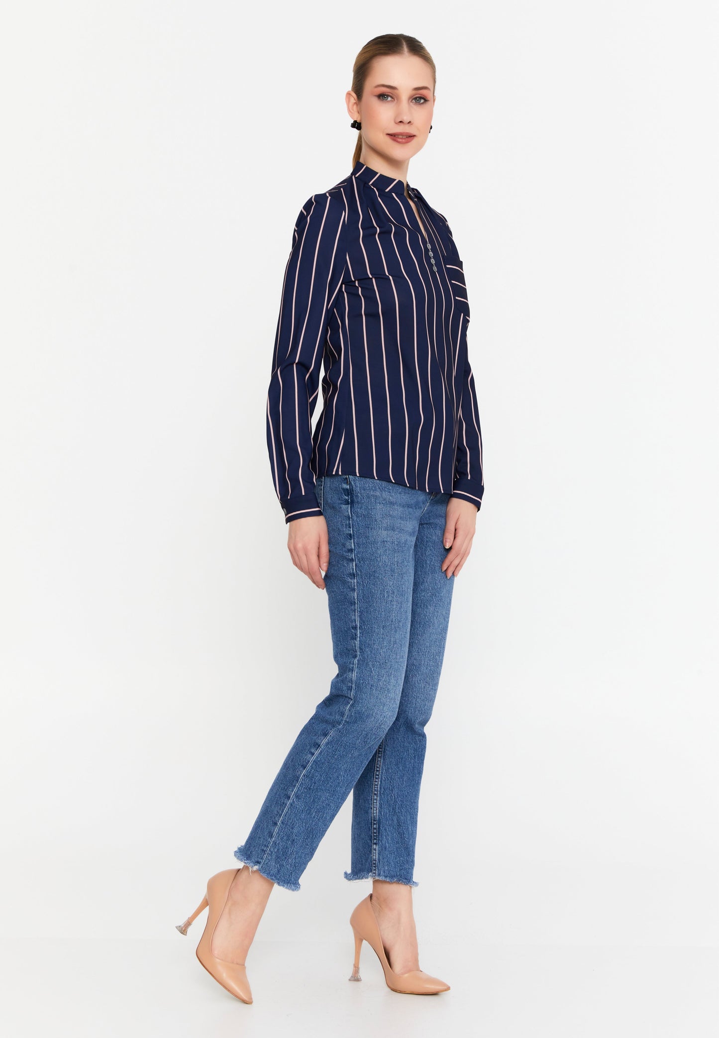 Long Sleeve Striped Button-Up Blouse