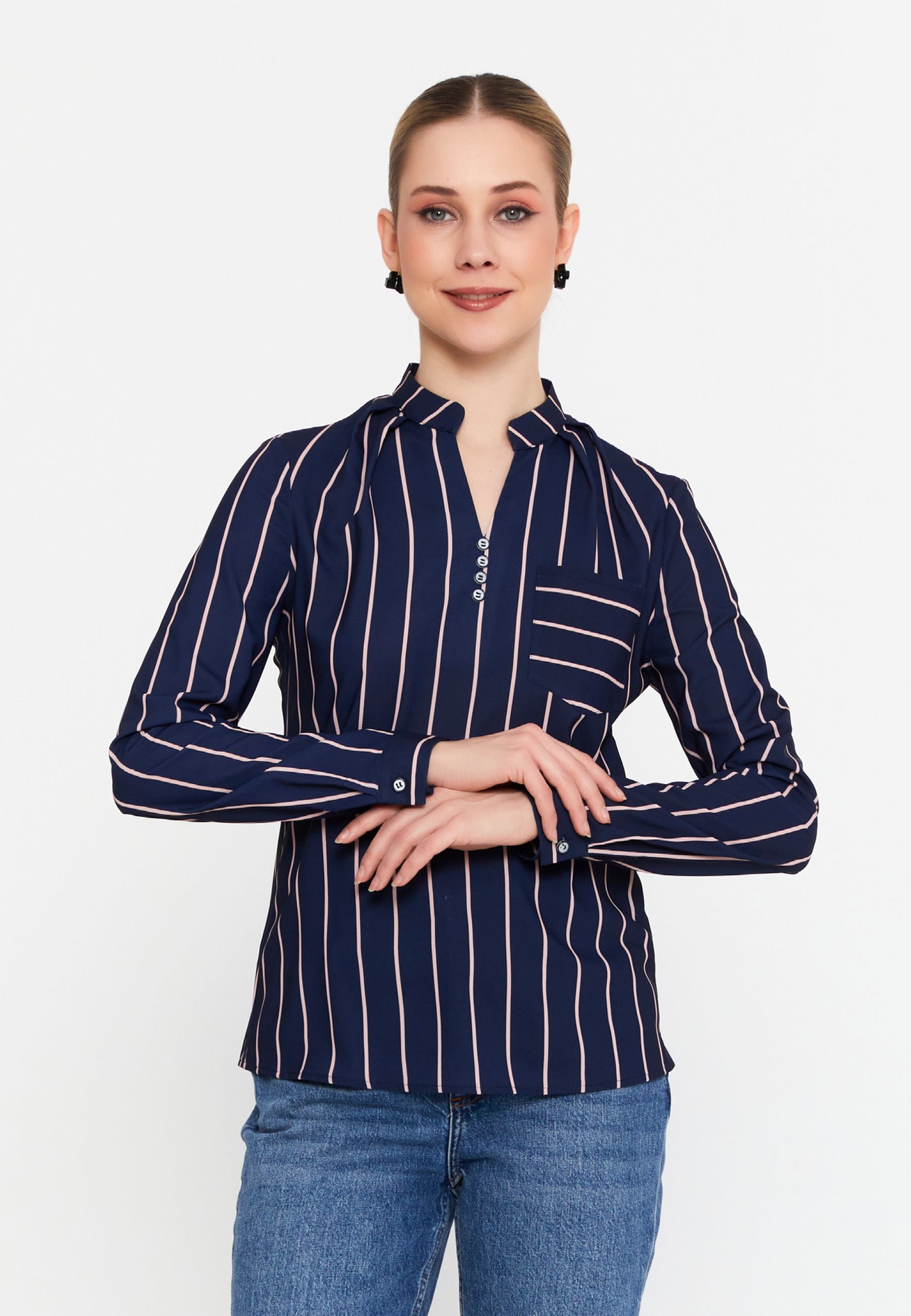 Long Sleeve Striped Button-Up Blouse