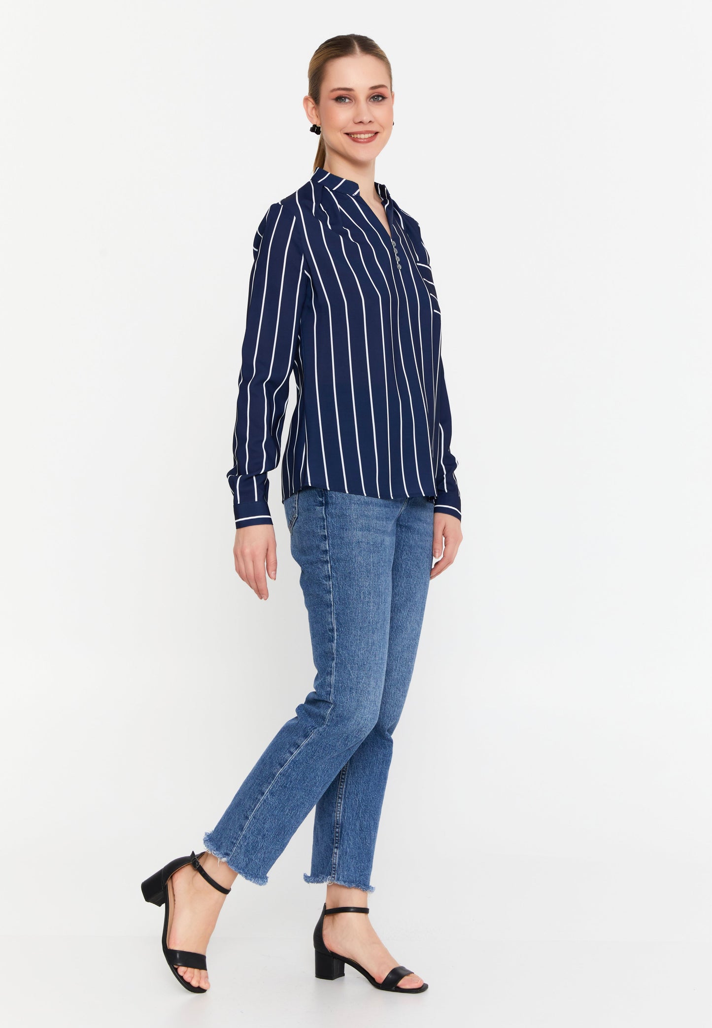 Long Sleeve Striped Button-Up Blouse