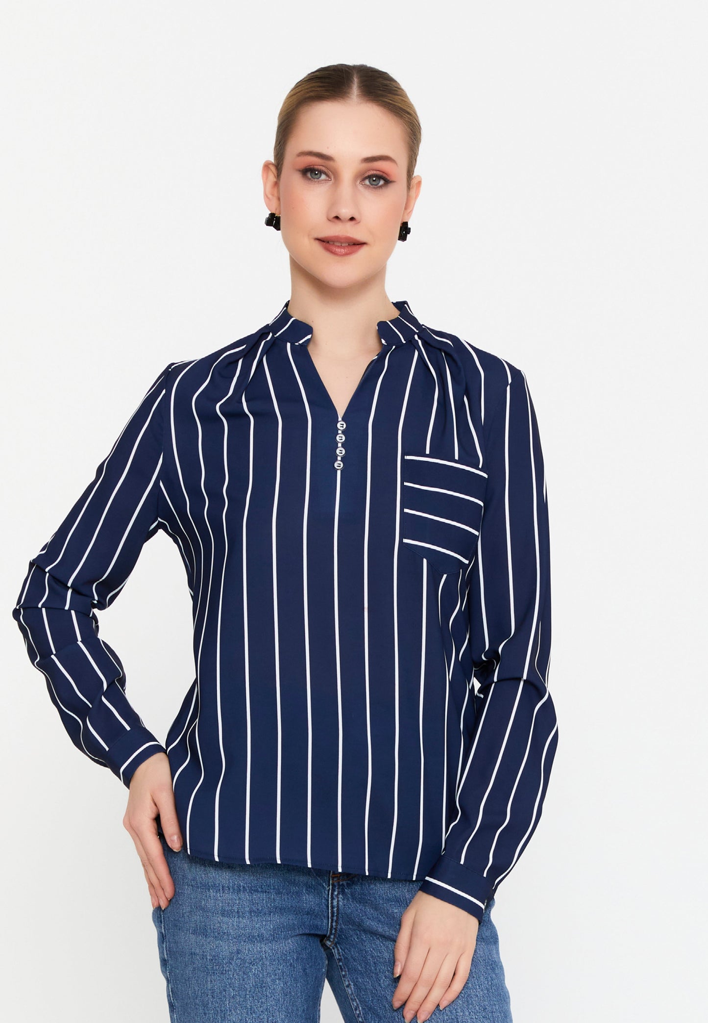 Long Sleeve Striped Button-Up Blouse